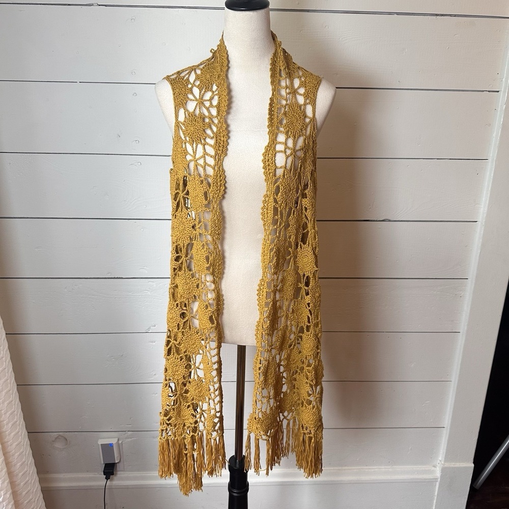 Boho Crochet Vest Mustard Open Knit Sleeveless Festival Cardigan Hippie Artsy OS